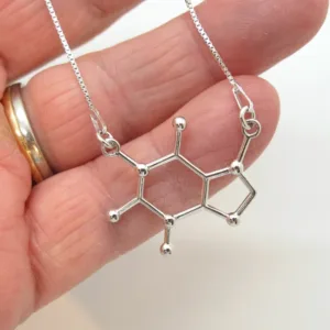 En hand håller i "Silverhalsband molekylen för Koffein", ett silverhalsband med ett hänge format som en koffeinmolekyl, som visar sex- och femkantiga ringar med små kulor i ändarna.