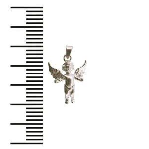 Silverberlock Ängel 17,5 mm, ett litet silverhänge i form av en ängel med utsträckta vingar, visas bredvid en svartvit måttskala på vit bakgrund.