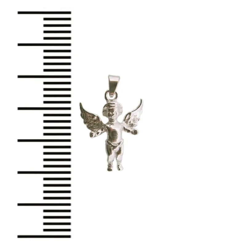 Silverberlock Ängel 17,5 mm, ett litet silverhänge i form av en ängel med utsträckta vingar, visas bredvid en svartvit måttskala på vit bakgrund.