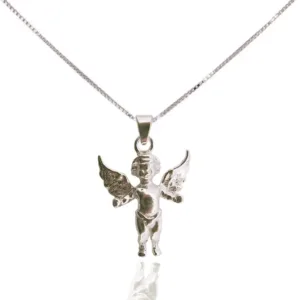 Silverberlock Ängel 17,5 mm är ett silverhalsband med ett hänge i form av en kerubängel med detaljerade vingar och utsträckt pose, mot en vit bakgrund.