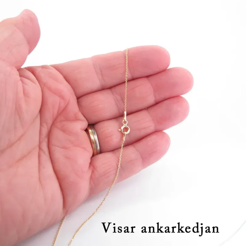 En hand håller i Hängsmycke i 14K Guld Gotland på en skir guldkedja mot en vit bakgrund. Personen bär en guldring och längst ned till höger står det "Visar ankarkedjan".