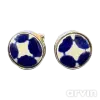 Pair of round cufflinks with a blue and white geometric pattern on ceramic enamel surface.
