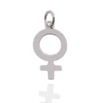 Silverberlock Kvinnosymbol är ett silverhänge format som den kvinnliga könssymbolen, med en cirkelformad topp och ett kors under, mot en vit bakgrund.