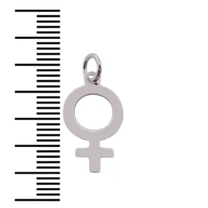 Silverberlock Kvinnosymbol, en silverfärgad berlock med Venus-symbol och ögla upptill, visas bredvid en svartvit måttskala på vit bakgrund.