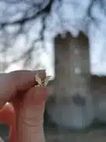 En hand håller upp Örhänge med Stift - Gotland, ett litet fladdermusformat örhänge i guld, framför en suddig bakgrund med ett stentorn och bladlösa trädgrenar.