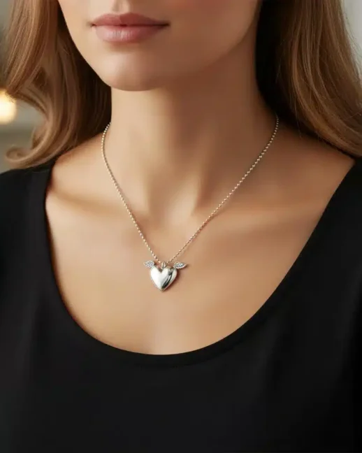 Kvinna med svart topp och silverhalsband med hjärtformat hänge med små vingmönster på vardera sidan.