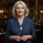 En äldre kvinna med grått hår, klädd i blå blus och halsbandet Hängsmycke - Gustavsberg, står i ett varmt upplyst rum med hyllor och inramade tavlor bakom sig och tittar lugnt in i kameran.