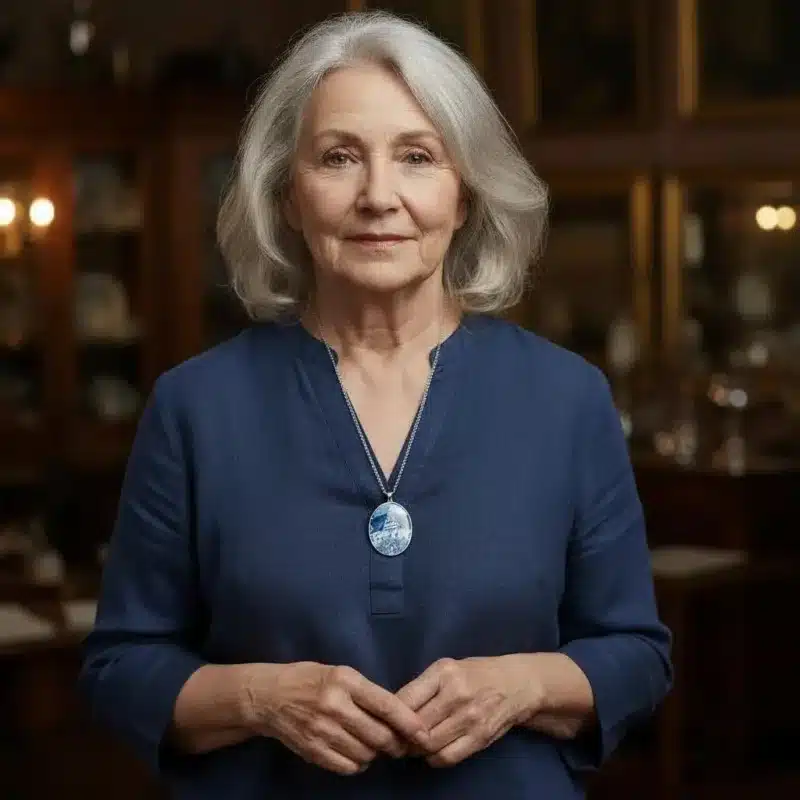 En äldre kvinna med grått hår, klädd i blå blus och halsbandet Hängsmycke - Gustavsberg, står i ett varmt upplyst rum med hyllor och inramade tavlor bakom sig och tittar lugnt in i kameran.