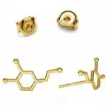 Örhängen med stift - Dopamin molekyl: guldörhängen formade som dopaminmolekylen, visas fram- och baktill. Runda 925-stämplade sterling silverbaksidor ingår.