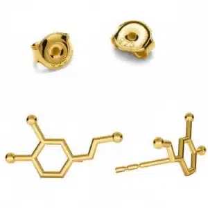 Örhängen med stift - Dopamin molekyl: guldörhängen formade som dopaminmolekylen, visas fram- och baktill. Runda 925-stämplade sterling silverbaksidor ingår.