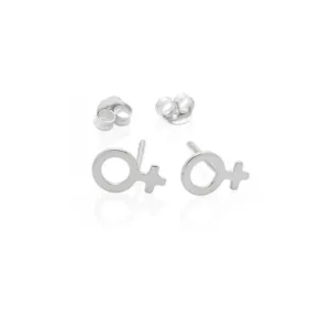 Örhänge med stift - Kvinnosymbol: Silverfärgade studs formade som kvinnosymboler, visade på vit bakgrund med matchande bakstycken bakom.