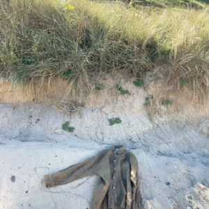 GIA Linneskjorta en rak avslappnad modell, en brun linneskjorta, vilar på sandig mark vid foten av en gräsbevuxen sanddyn under en klar himmel.