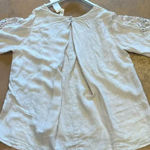 Light, loose linen blouse on a hanger with lace cutouts along the sleeves and a center back pleat with a small button at the neckline.