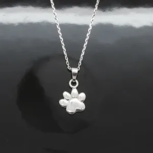 Ett silverhalsband med ett hänge i form av ett tassavtryck från ett djur, mot en glänsande svart bakgrund.