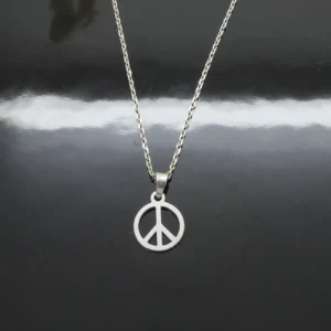 Ett silverhalsband med ett hänge med en fredssymbol som visas på en blank svart yta med en tydlig reflektion av kedjan och berlocken.