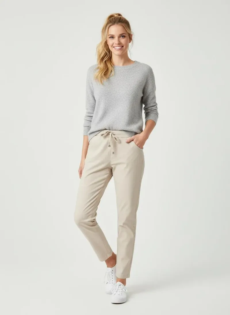 En kvinna står mot en enfärgad bakgrund och ler. Hon är klädd i en ljusgrå tröja, beigea byxor med dragsko och vita sneakers, med håret uppsatt i hästsvans. Hon har ena handen i fickan.