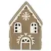 Pepparkakshus för ljus med snökristall är ett litet hus i keramik med snöflingor ovanför den välvda dörren, vita detaljer och fönsterutskärningar som påminner om ett pepparkakshus.