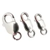 Tre Silverlås karbinhake avlång krokar, storlek 12-18mm, är arrangerade i en rad på en vit bakgrund. Varje silver karbinhake har en påhängd cirkulär ring.