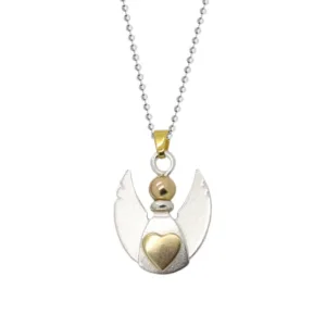 Ett silverhänge i form av en ängel med utsträckta vingar, ett guldhjärta på bröstet och gulddetaljer på huvudet och Trekantsögla Slät i 14K Guld (5-7,7 mm) öglan, hängande från en silverkedja.