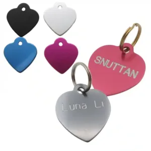 Namnbricka med gravyr - Hjärta: fem hjärtformade tags i svart, vitt, blått, rosa (med texten SNUTTAN) och silver (med texten Luna Li). Varje tag har ett hål upptill för fäste på ring eller halsband.