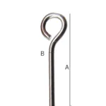 Närbild av Öglepinne sterlingsilver 25/0,70 mm, en metallstav med en liten ögla i toppen, delvis uppmätt med punkterna A för längd och B för öglebredd.