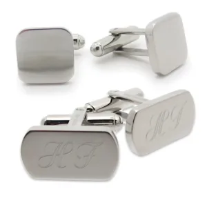 Fyra Manschettknapp i Rostfritt stål visas: två har en slät yta, medan de andra två har ingraverade initialer H F på en rektangulär yta.