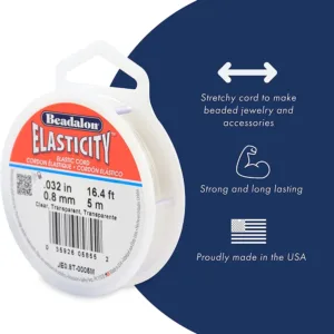 En rulle Beadalon Elasticity elastisk sladd med produktinformation, ikoner och text som framhäver dess töjbarhet för smycken, styrka och hållbarhet samt att den är stolt tillverkad i USA.