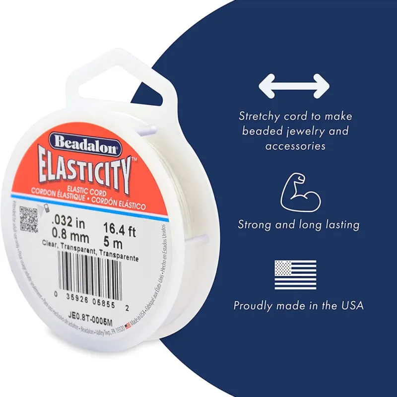 En rulle Beadalon Elasticity elastisk sladd med produktinformation, ikoner och text som framhäver dess töjbarhet för smycken, styrka och hållbarhet samt att den är stolt tillverkad i USA.