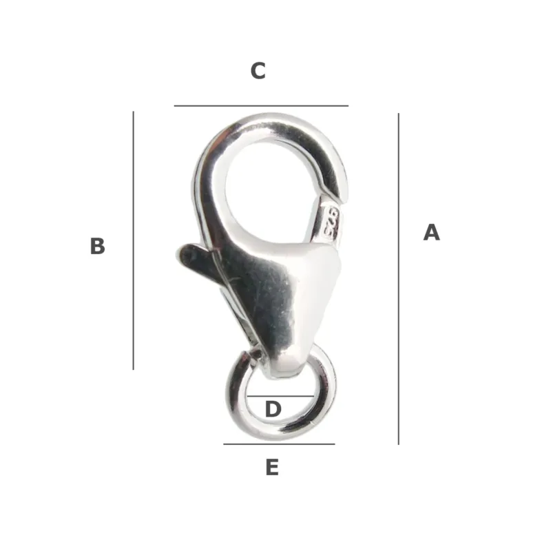 Silverlås karbinhake visas vertikalt med märkta mått: A och B (höjd), C (toppbredd), D (ringdiameter) och E (bottenbredd). Den har en liten spak och en påhängd ring i botten.