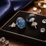 Ett par Örstift med platta 5mm i Sterlingsilver vilar på en smyckesbricka i svart sammet, omgiven av lösa klara ädelstenar, med mörkblått satintyg delvis synligt i bakgrunden.