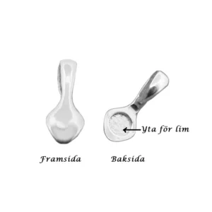 Två små, silverfärgade Spetsögla 16mm sterlingsilver hängbucklor visas. Den vänstra bilden visar framsidan (Framsida) medan den högra visar baksidan (Baksida) med en pil till en fördjupning märkt Yta för lim.