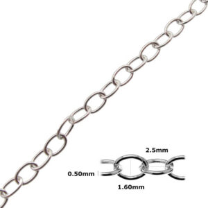 Close-up of a silver chain with an inset showing link dimensions: 0.50 mm thickness, 1.60 mm inner width, 2.5 mm outer width.