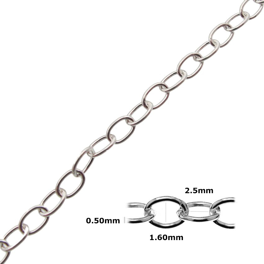 Close-up of a silver chain with an inset showing link dimensions: 0.50 mm thickness, 1.60 mm inner width, 2.5 mm outer width.