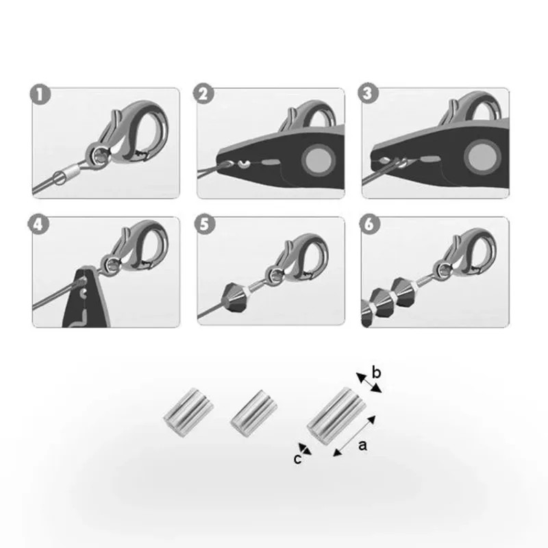 Illustrerad guide i sex steg som visar hur man fäster en Knutgömma sterlingsilver 3mm på en nyckelring med hjälp av ovala crimps, tång och tråd, med ett diagram över crimpdimensionerna märkta a, b och c längst ner.