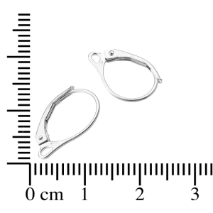 Två örhängekrokar Öronkrok i Sterlingsilver Brichure visas på en vit yta bredvid en svart centimeterlinjal för storleksreferens, var och en mäter ca 1,5 cm i längd.