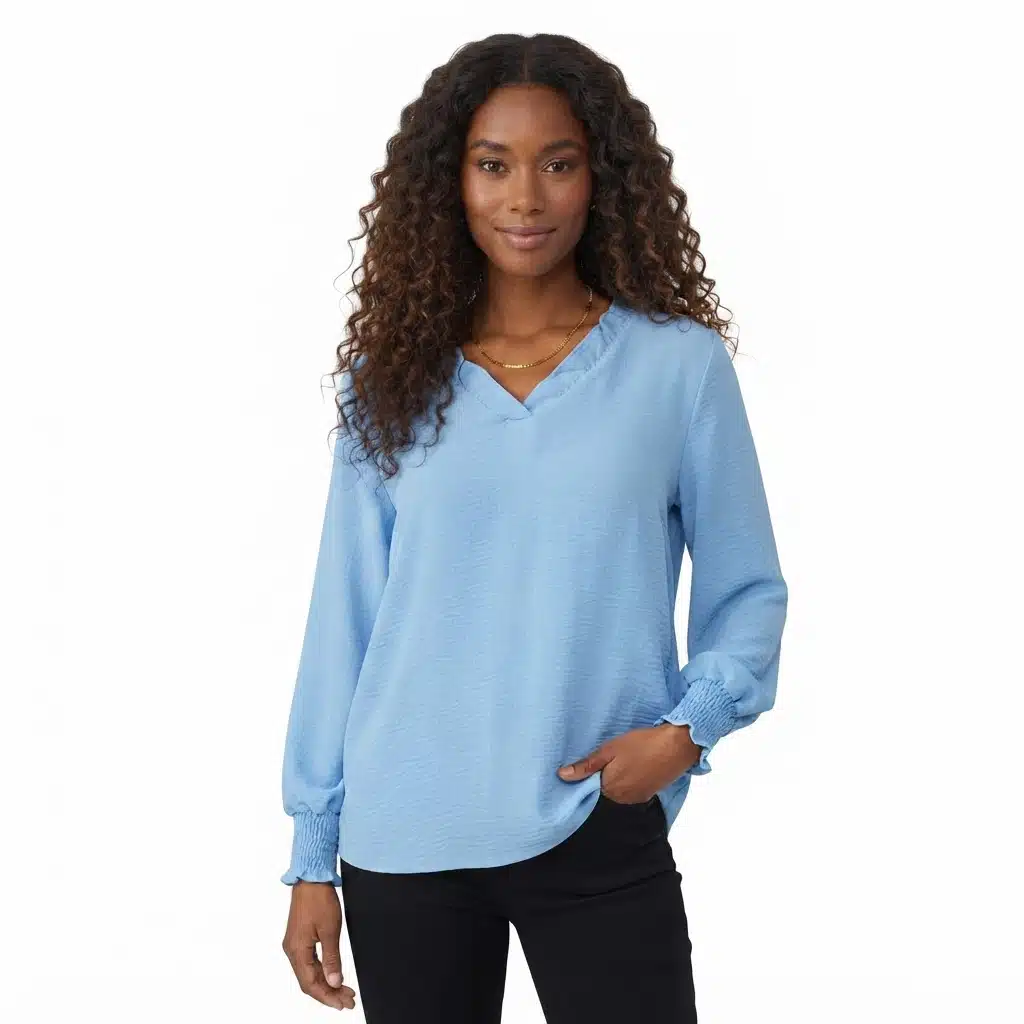 Elegant blå viskosblus rak modell 1 Elegant blå viskosblus rak modell