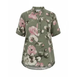 Militärgrön blus med rosa blommor