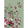 Decorative botanical illustration of a pink and burgundy flower bouquet against a sage green background.