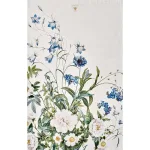 White background with a botanical bouquet of white peonies and blue flowers, accented by green leaves; decorative floral textile.