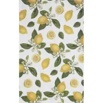 White fabric with a repeating pattern of yellow lemons, green leaves, and small white blossoms.