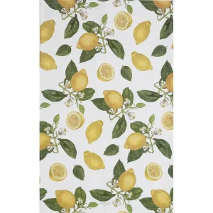 White fabric with a repeating pattern of yellow lemons, green leaves, and small white blossoms.