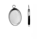 Oval silver pendant bezel with loop, shown from front and side views for jewelry making.