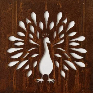 Rusted metal sheet with a white floral cutout pattern radiating from center, creating a flower motif.