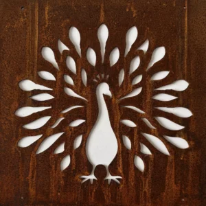 Rusted metal sheet with a white floral cutout pattern radiating from center, creating a flower motif.