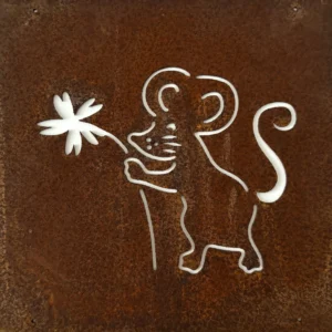 Decorative white line drawing of a flower on a rusted metal surface.