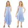 Two women in identical light-blue sleeveless embroidered dresses stand against a white background, wearing sandals.