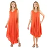 Two women model an orange sleeveless maxi dress with floral embroidery on white background.