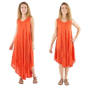 Two women model an orange sleeveless maxi dress with floral embroidery on white background.