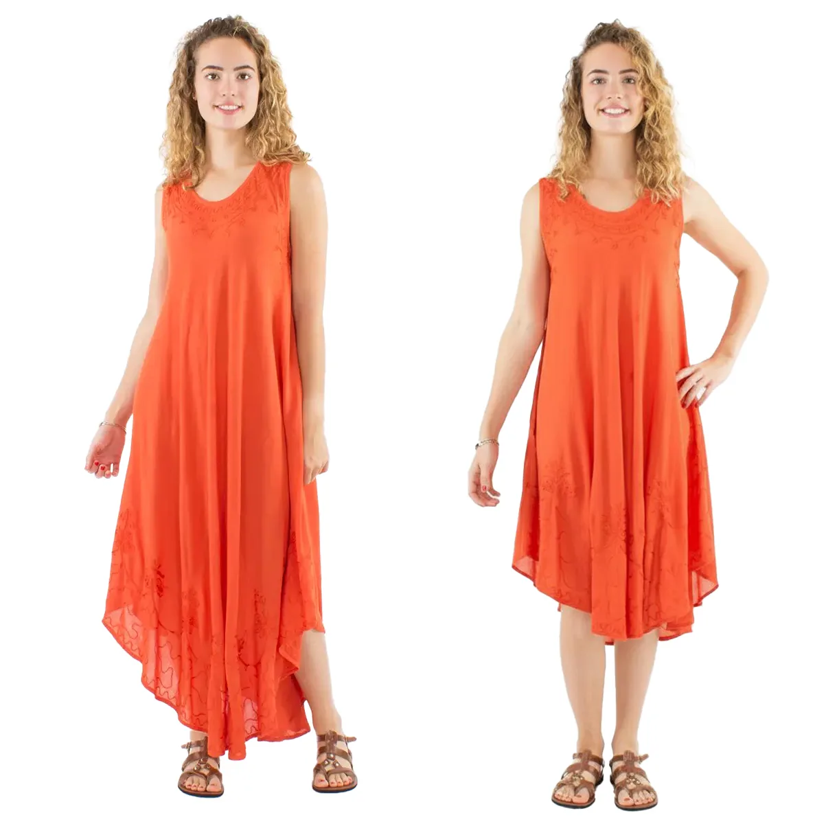 Two women model an orange sleeveless maxi dress with floral embroidery on white background.