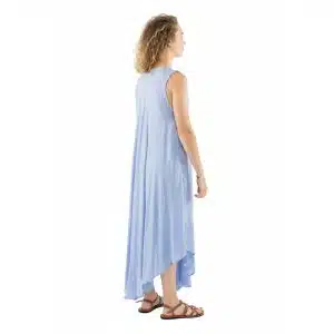 Side view of a woman wearing a light blue sleeveless maxi dress with a flowing hem, facing left, paired with brown sandals.
